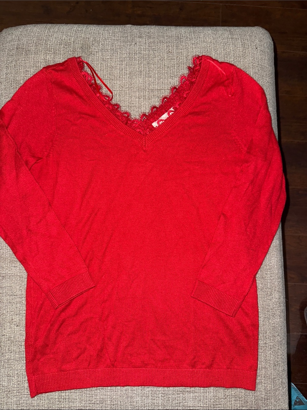 Loft Red V-Neck Sweater with Lace Trim